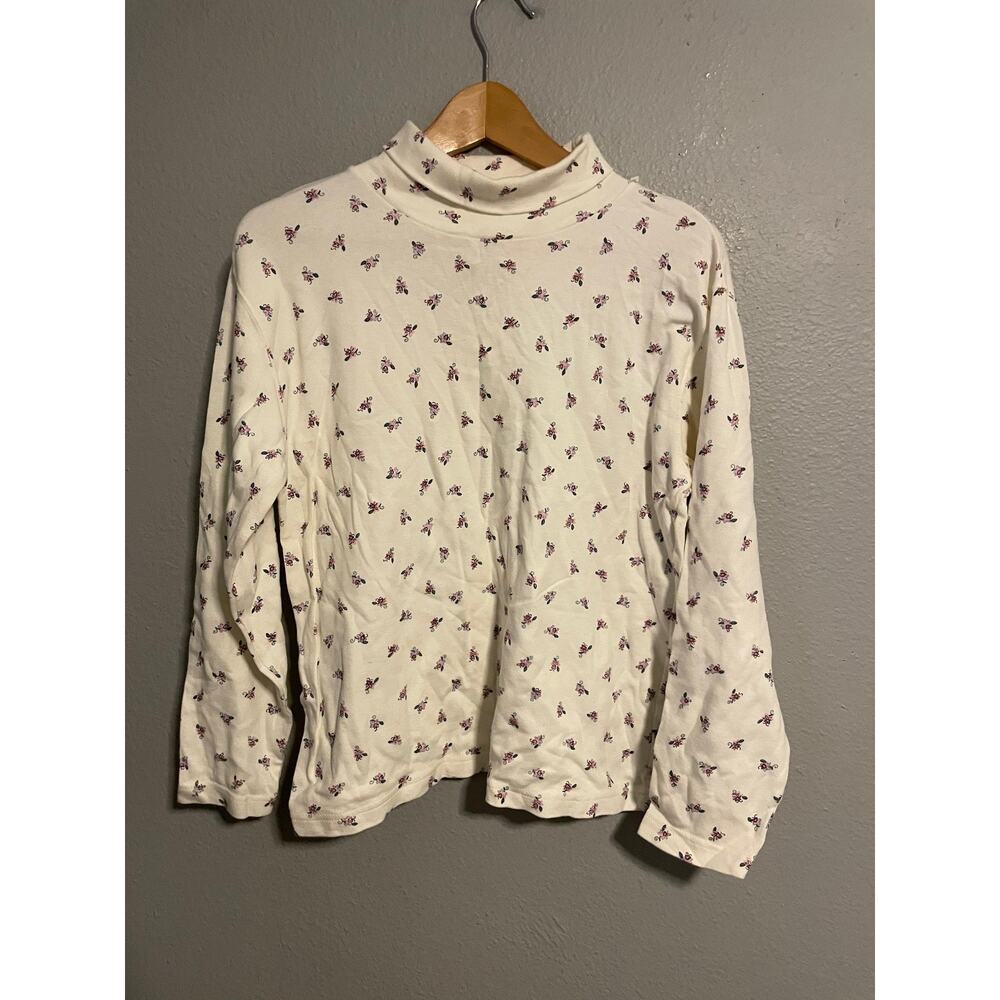 Vintage Russ Shirt Womens Medium Cream Floral Mock Neck Cottagecore Prairie 90s